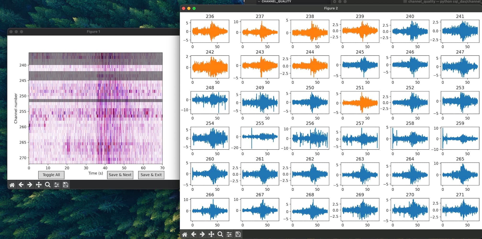 ChannelSelector interface showing a 2D section of channels and stacked individual traces for labelling